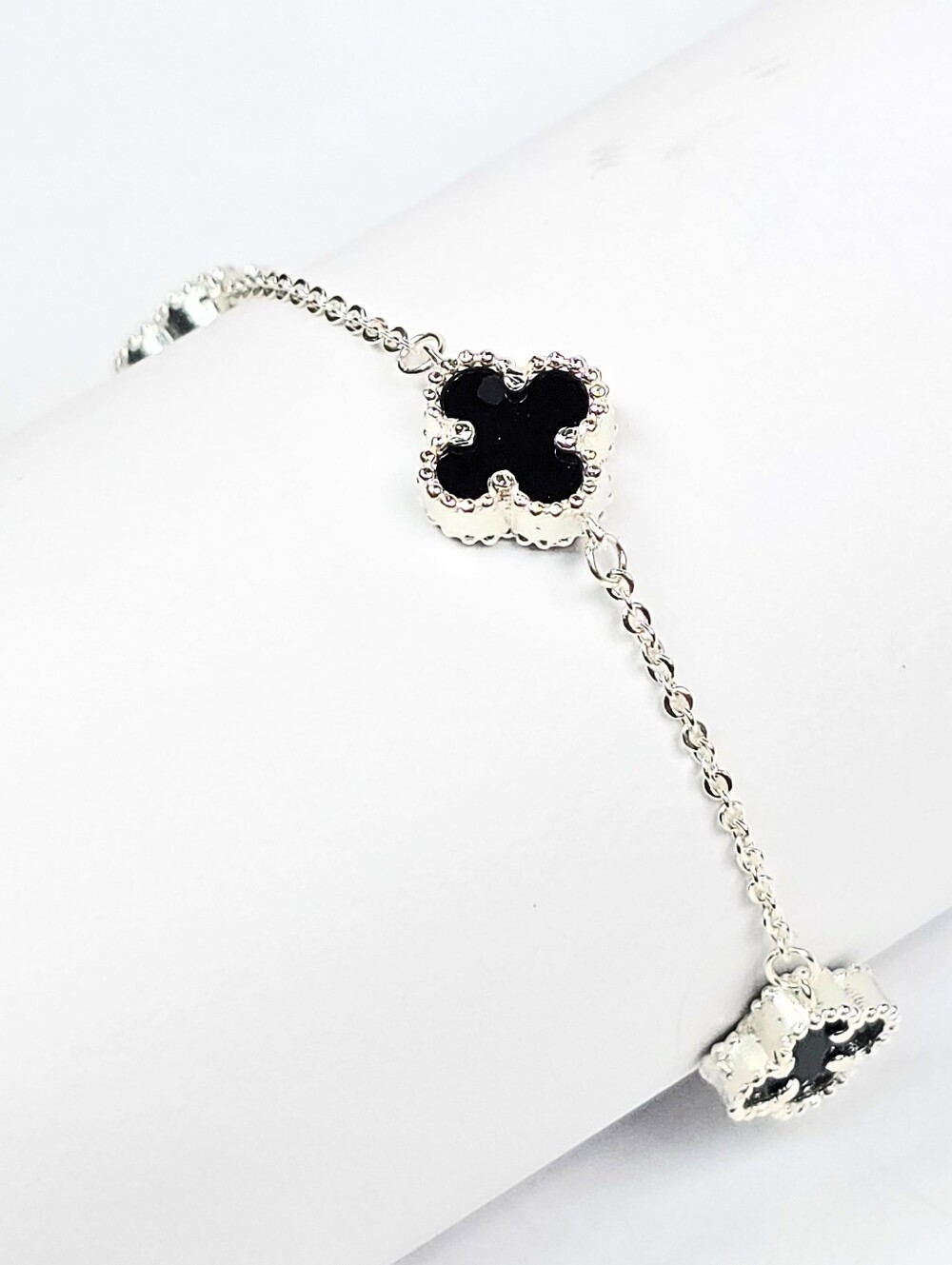 Van Bracelet Black Clover 925 Sterling Silver 10mm Flower 4-Leaf Adjust. 19-22cm